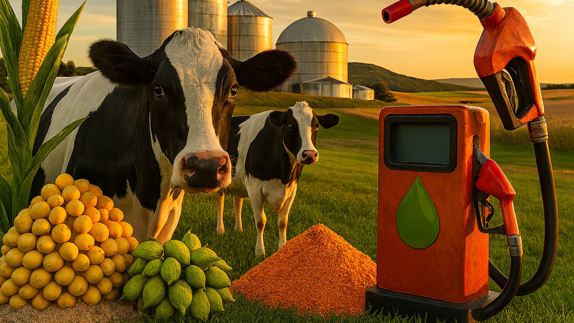 Cena rural com vacas leiteiras em pasto verde, milho, soja, subprodutos de ração e bomba de biocombustível ao pôr do sol, com silos agrícolas ao fundo