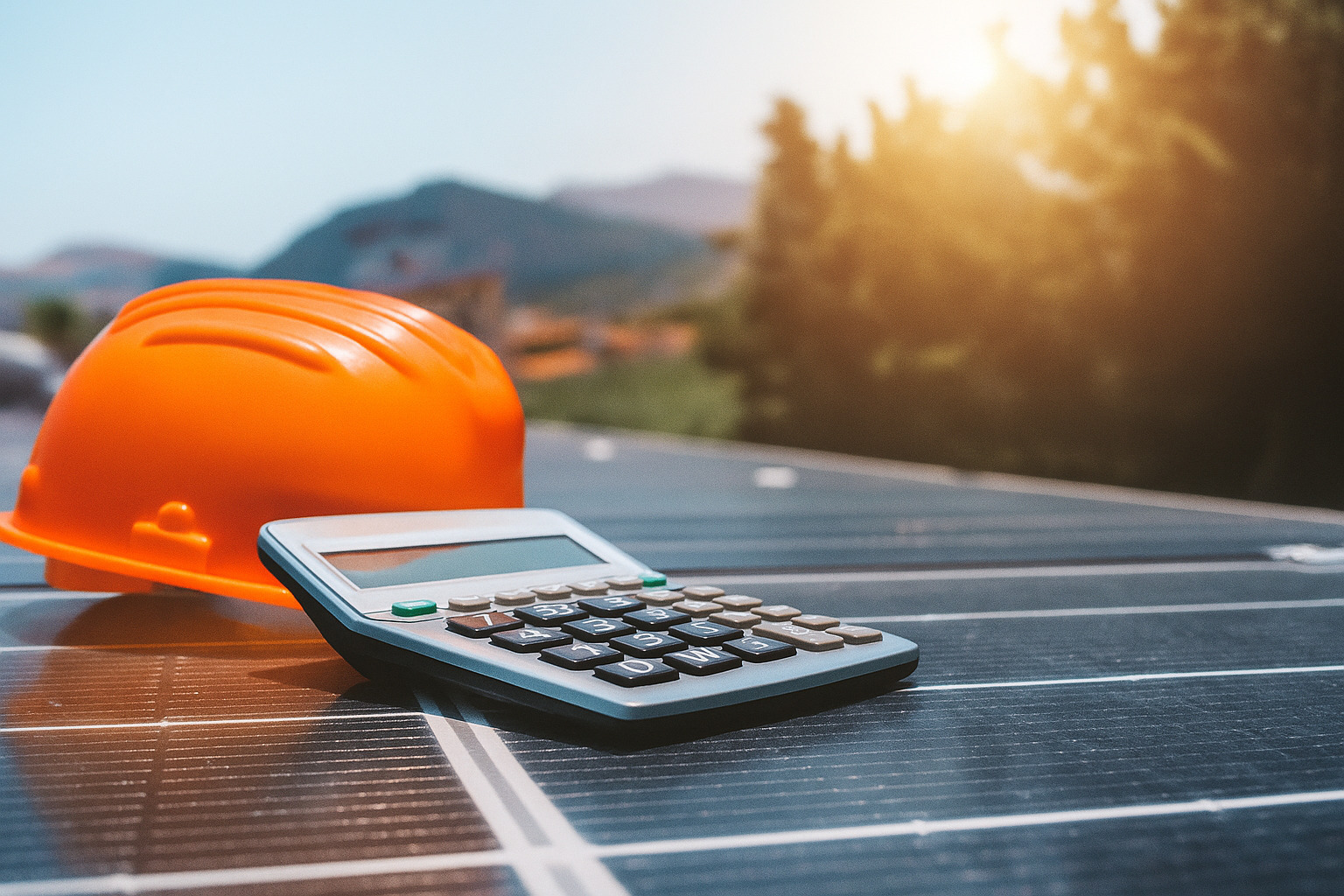 Capacete de segurança laranja e calculadora sobre painéis solares ao ar livre.