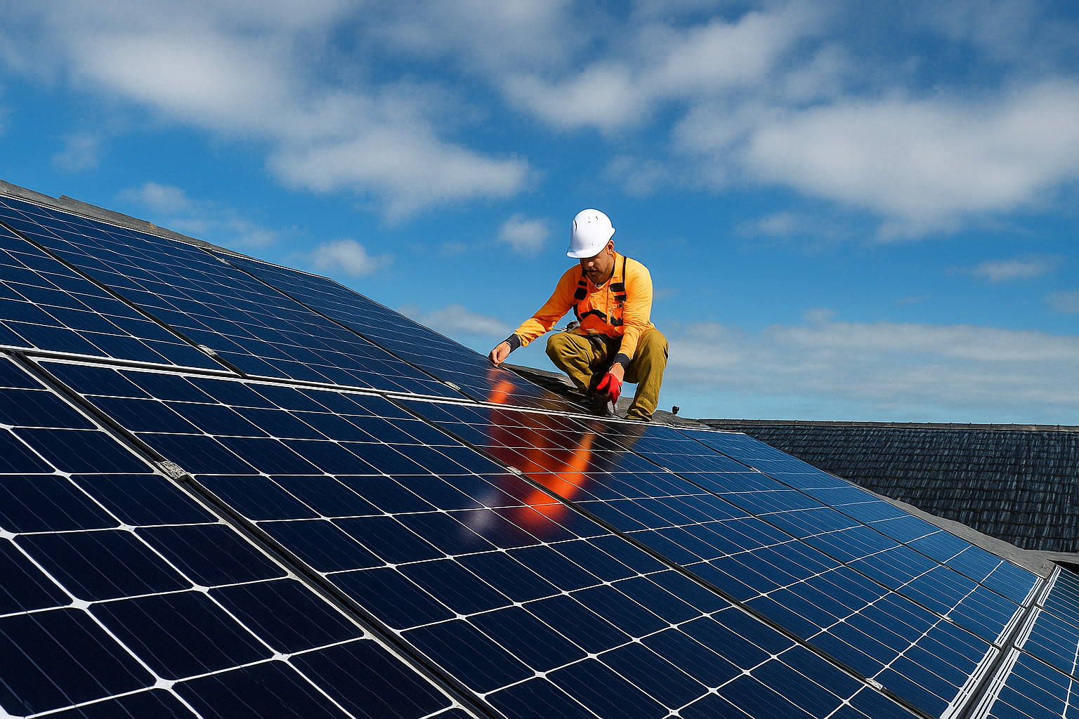 Painéis solares instalados em telhado durante o dia ensolarado com céu limpo.