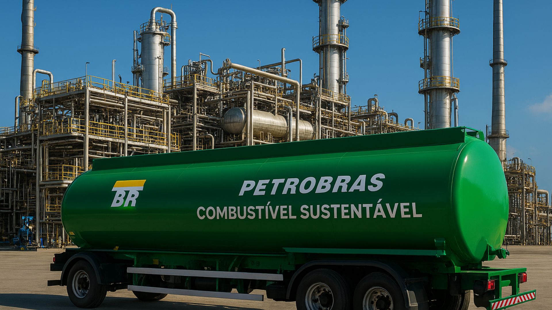 Instalação industrial da Petrobras com caminhão-tanque verde de combustível sustentável em frente à refinaria Revap, sob céu azul claro
