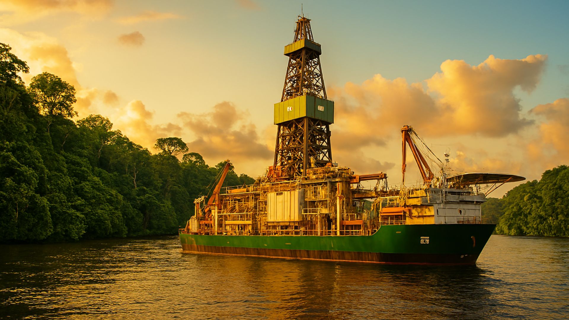 Navio de exploração da Petrobras navegando pelo Rio Amazonas ao entardecer, cercado por floresta densa e céu com nuvens alaranjadas.