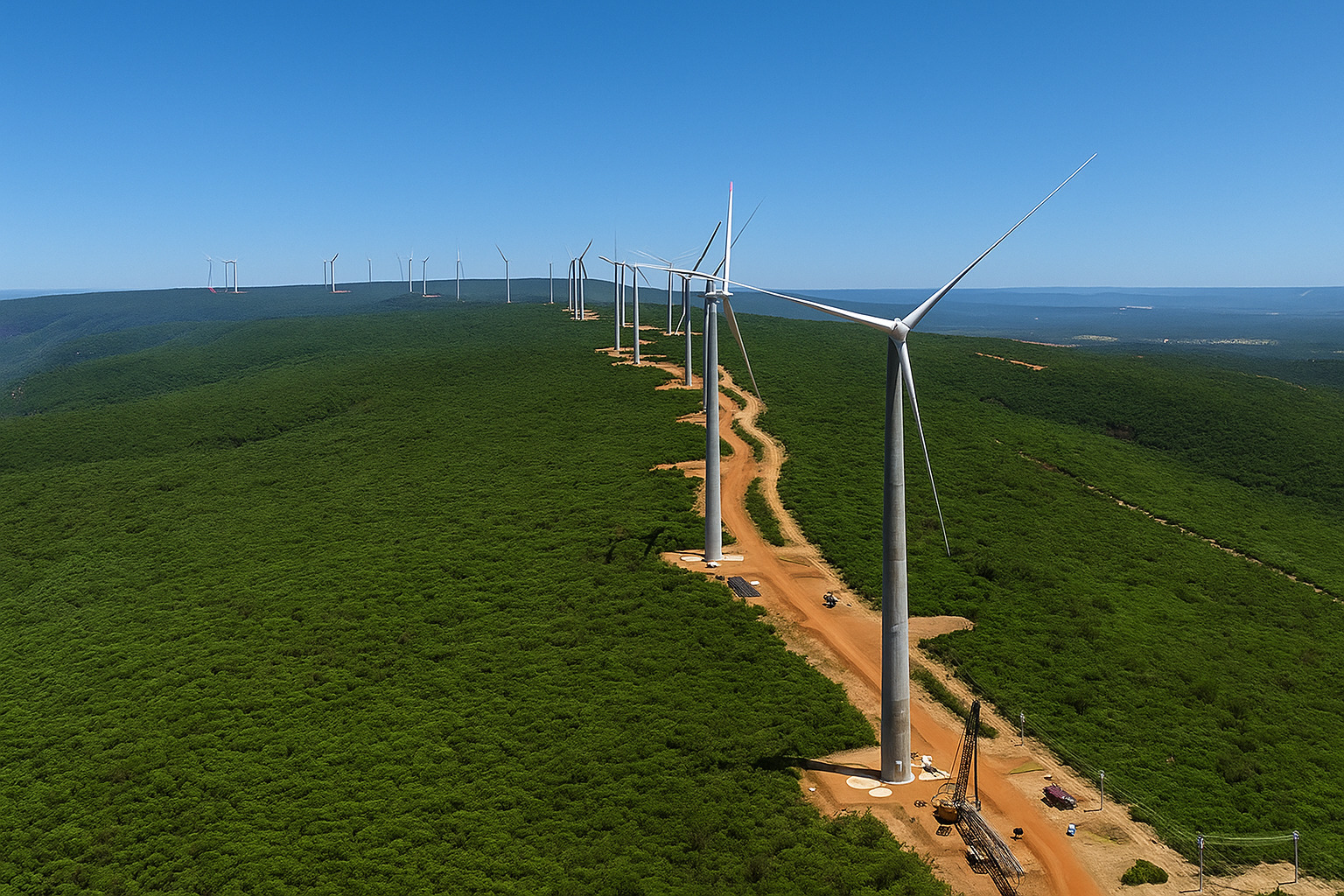 Parque eólico em região de floresta com céu limpo e turbinas alinhadas.