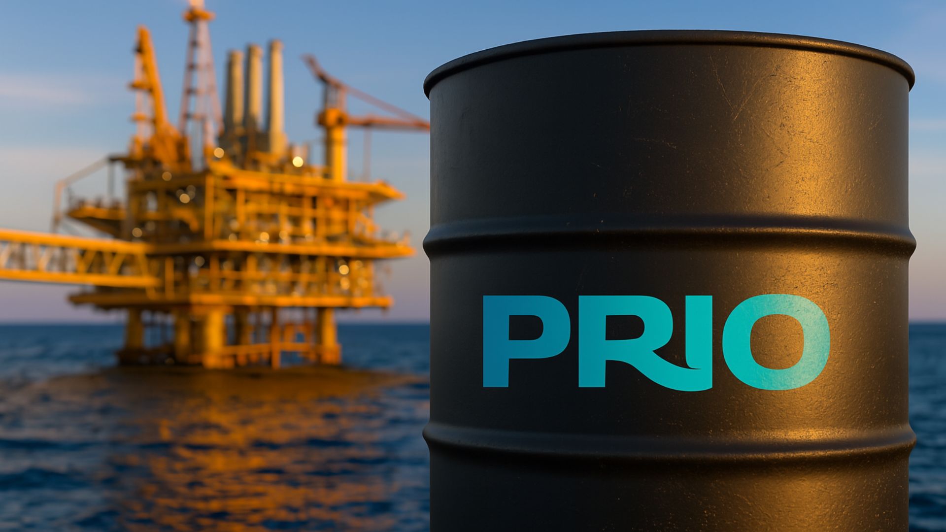 Barril de petróleo preto com logo da PRIO em destaque, posicionado em frente a uma plataforma offshore iluminada no oceano ao entardecer.