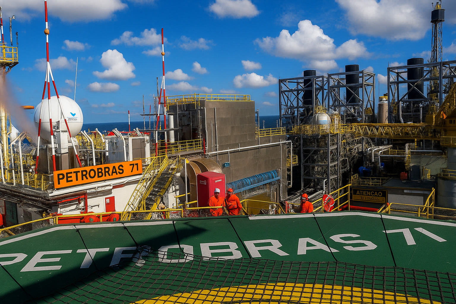 Plataforma de petróleo da Petrobras no mar com trabalhadores e céu parcialmente nublado.