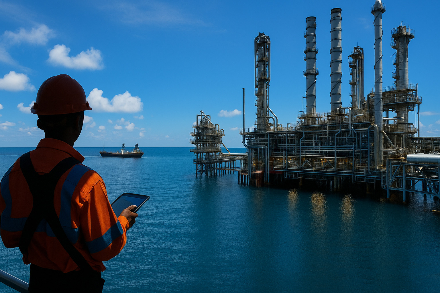 Plataforma de petróleo offshore em operação durante o dia, com trabalhador em primeiro plano.