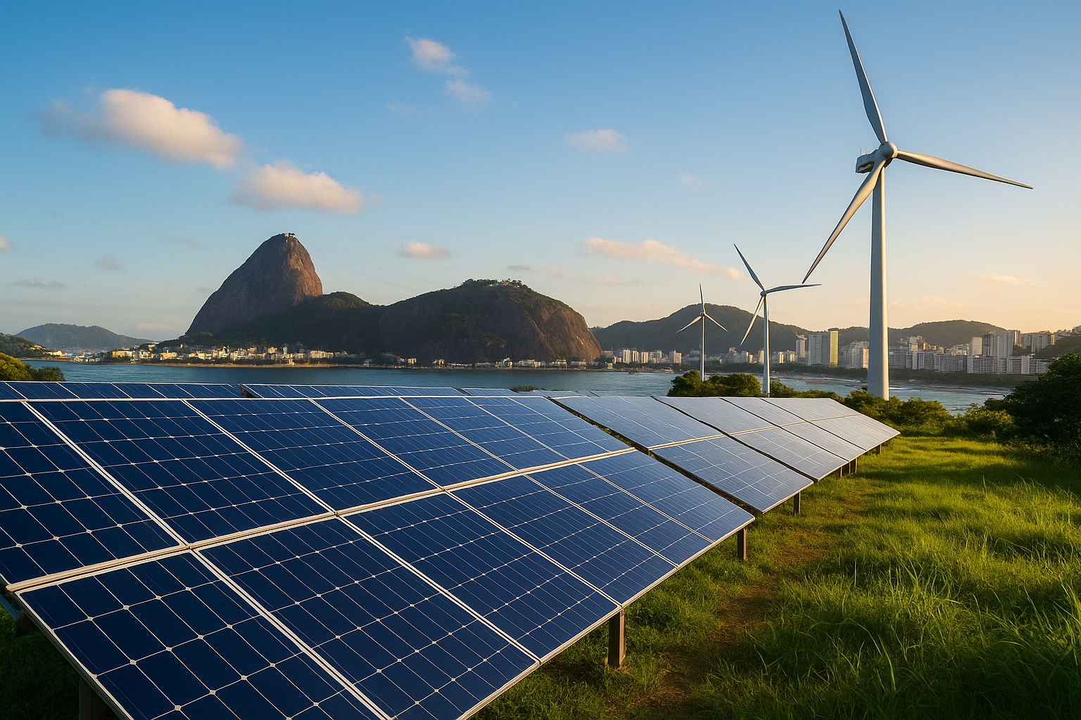 Painéis solares e turbinas eólicas no Rio de Janeiro com o Pão de Açúcar ao fundo, representando investimentos em energia renovável para a economia fluminense.