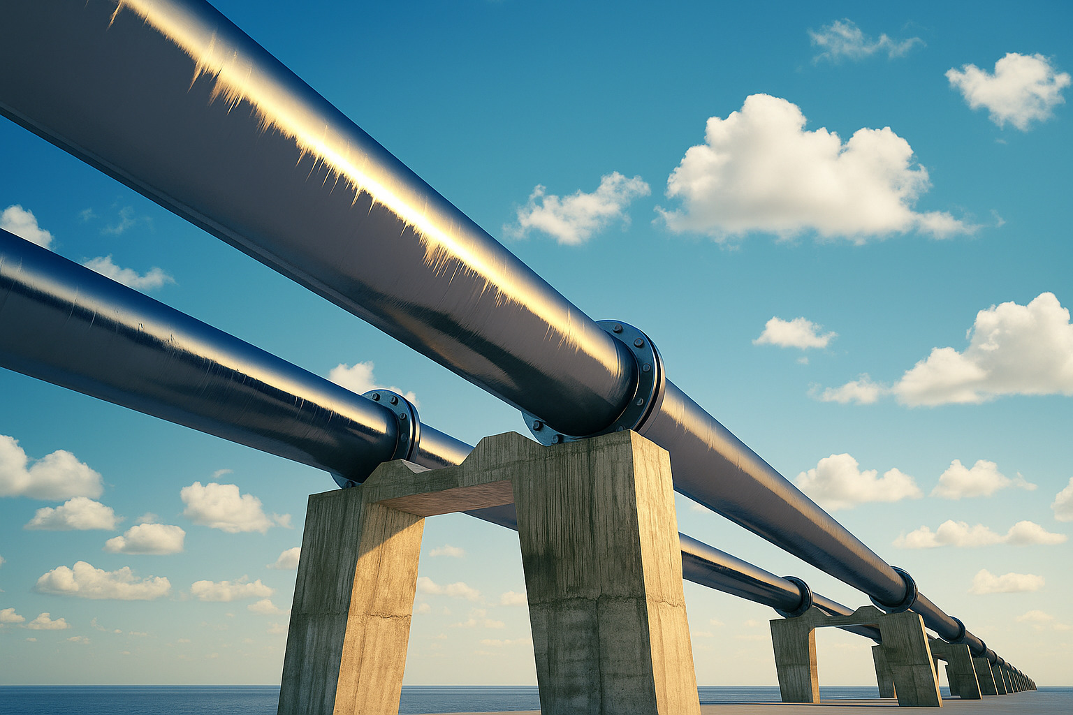 Estrutura de gasoduto sob pilares de concreto com céu parcialmente nublado ao meio-dia