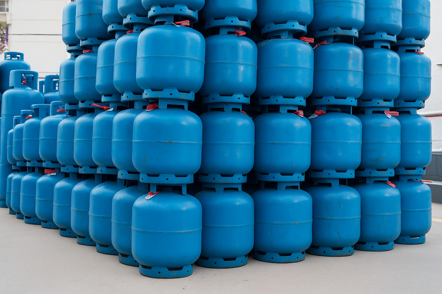 Pilhas de botijões de gás azuis armazenados em pátio com chão cinza claro.