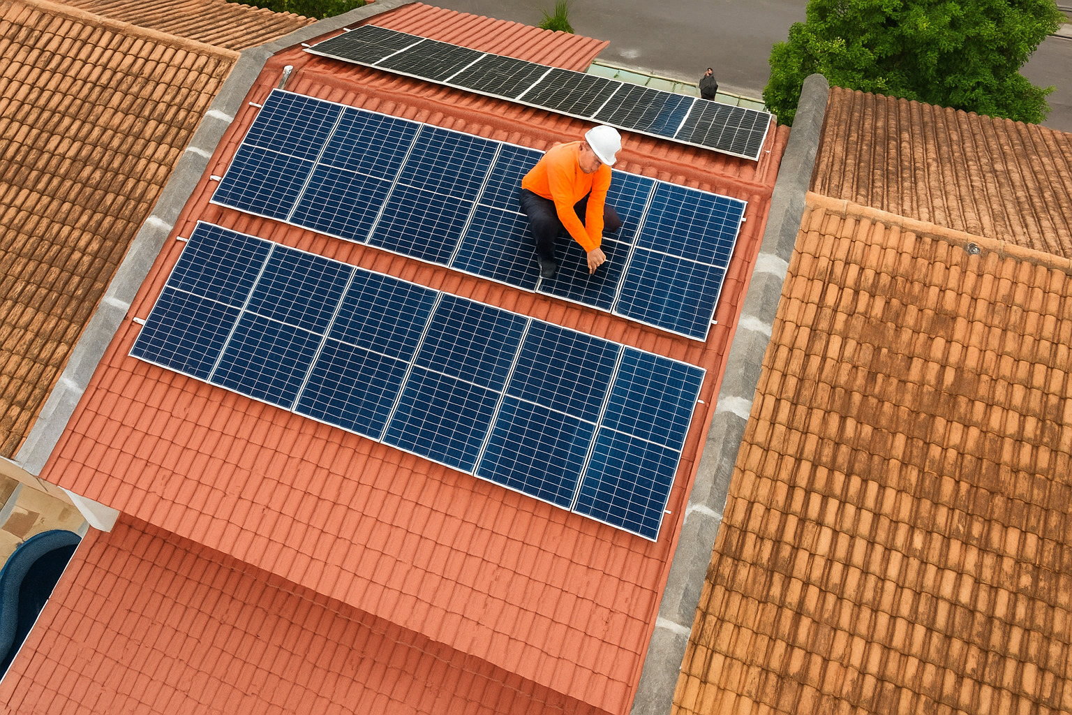 Profissional instalando painéis solares no telhado de uma residência.