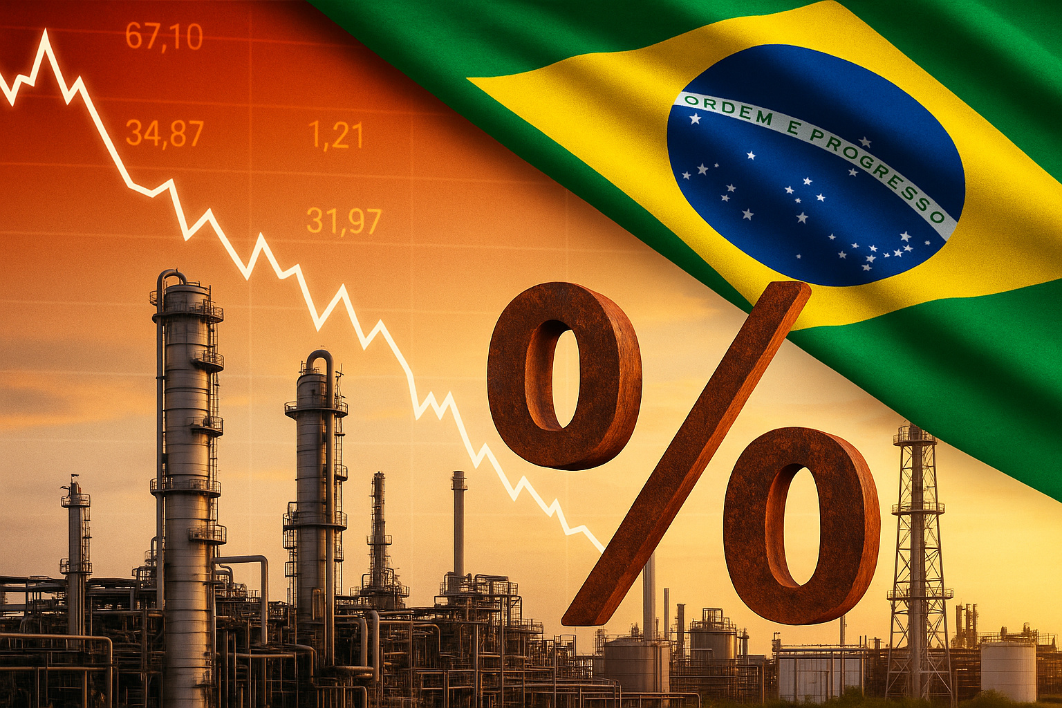 Indústria brasileira impactada pela Selic em 15% com gráfico em queda e bandeira nacional ao fundo