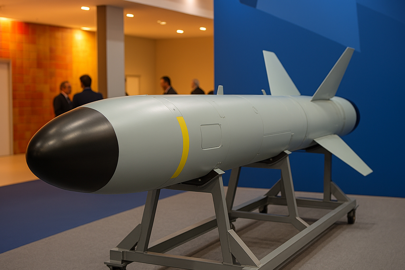 Míssil antinavio em exposição durante evento da indústria de defesa no Brasil
