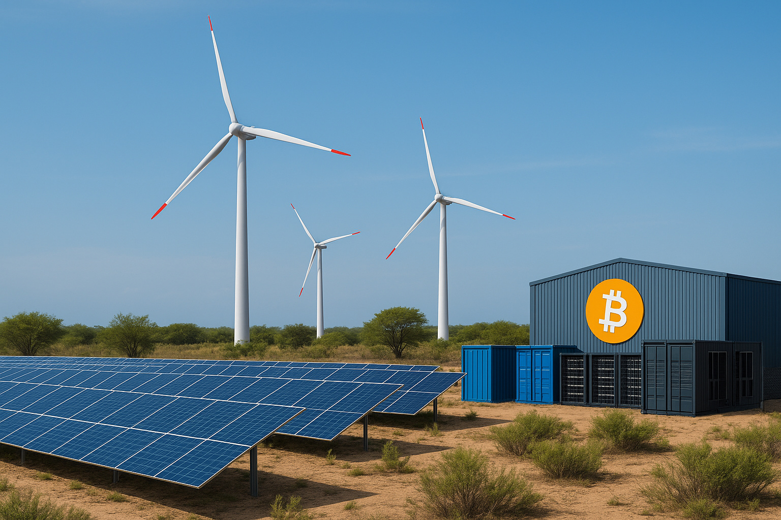 Parque eólico e fazenda solar no Brasil com data center de mineração de bitcoin integrado à matriz de energia renovável.