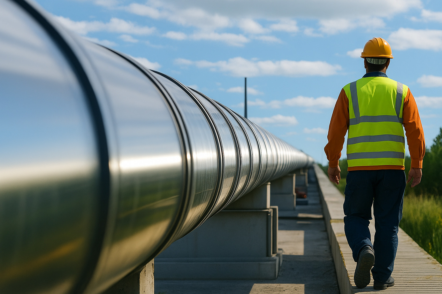 Trabalhador caminhando ao lado de um oleoduto sob céu nublado ao meio-dia.