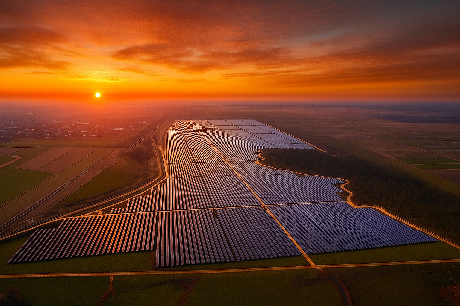 Vista aérea de usina solar ao amanhecer com o sol nascendo no horizonte.