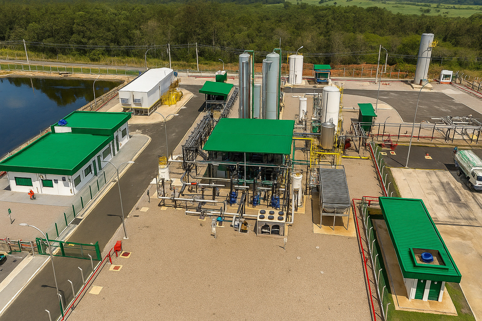 Vista aérea de uma planta industrial com telhados verdes iluminada pela luz do meio-dia.