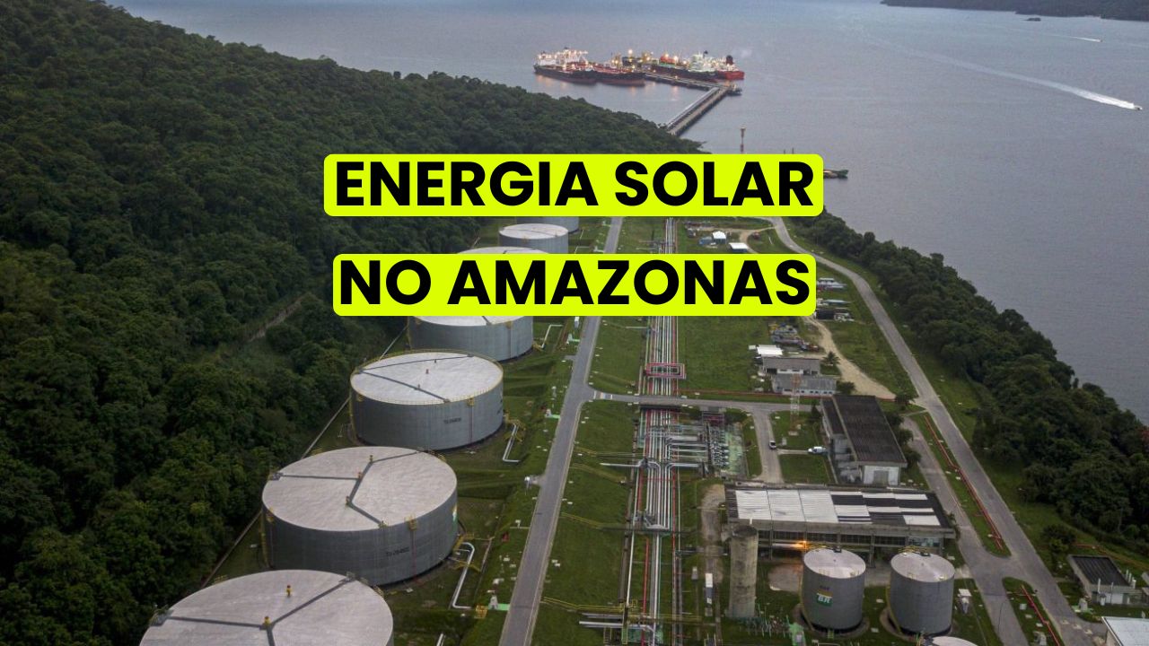 Instalação industrial da Transpetro no Amazonas cercada por floresta, com tanques de armazenamento e infraestrutura logística, representando o potencial de energia solar na região amazônica.
