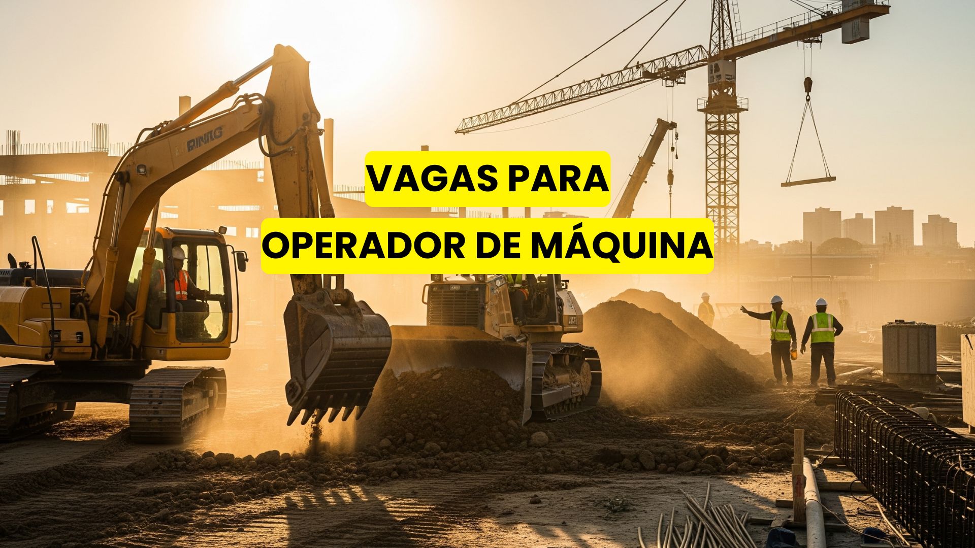 Operadores de máquina em obras urbanas ao entardecer, com escavadeiras e tratores em operação e trabalhadores usando equipamentos de segurança.
