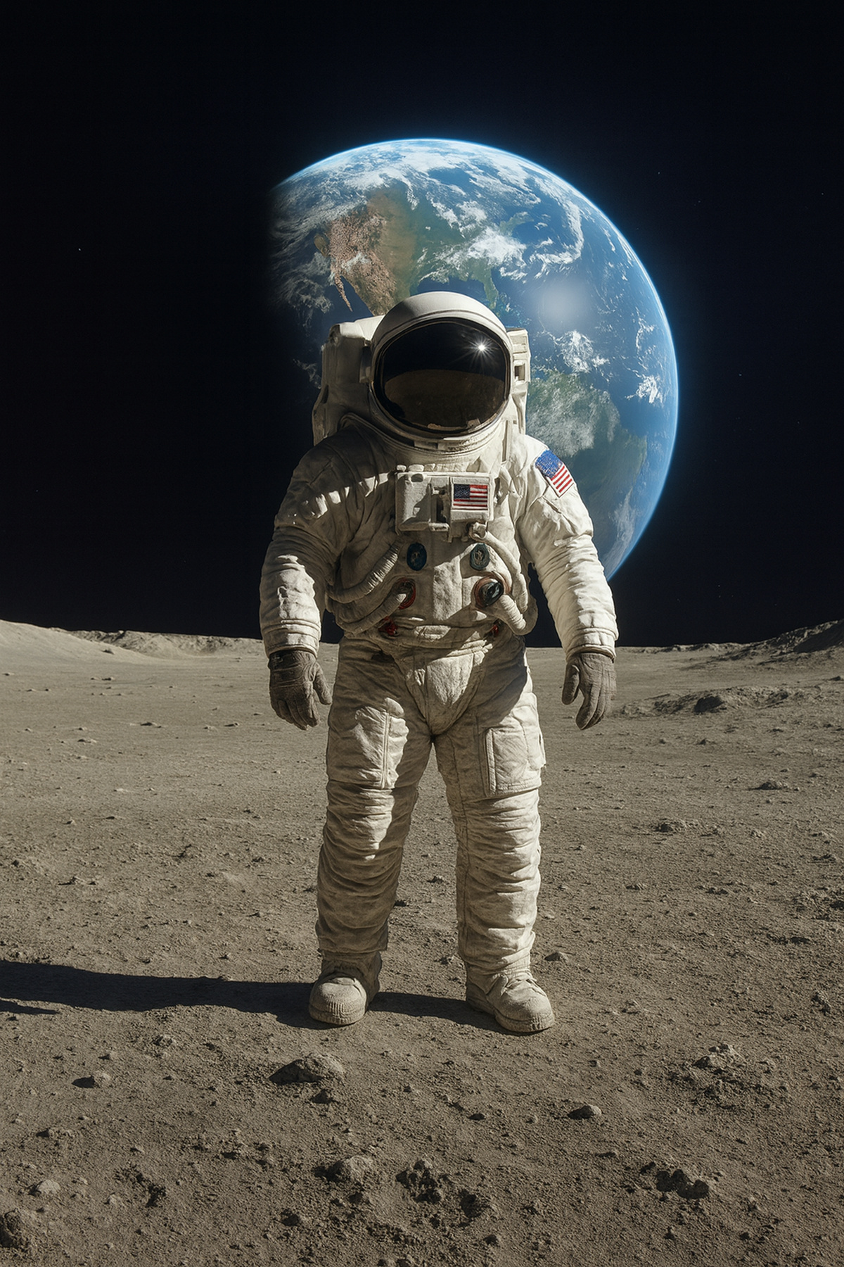 Astronauta americano na Lua com a Terra ao fundo simbolizando liderança espacial dos EUA após ordem executiva de Trump.