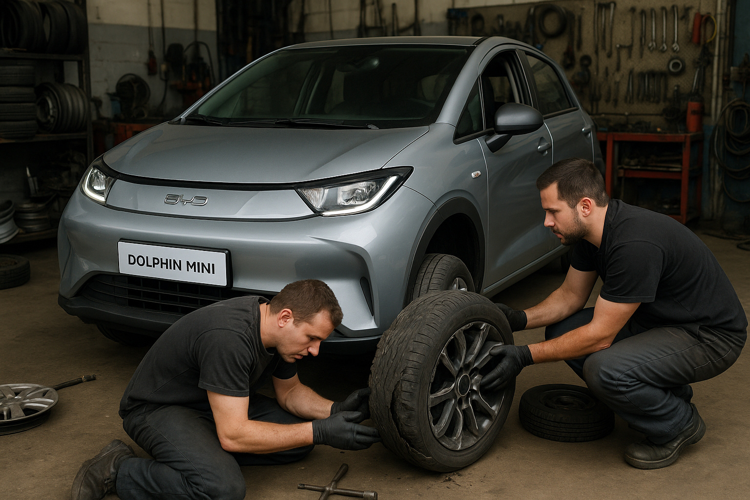 BYD Dolphin Mini em oficina com pneu dianteiro rasgado sendo substituído.