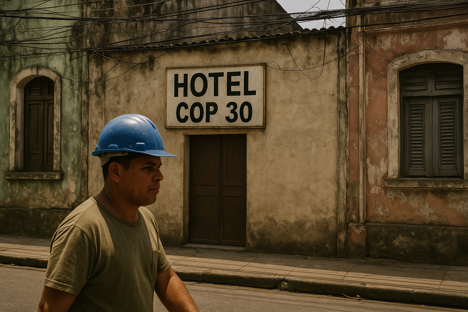 Belém iluminada à noite com destaque para COP30 e críticas sobre hospedagem e infraestrutura.