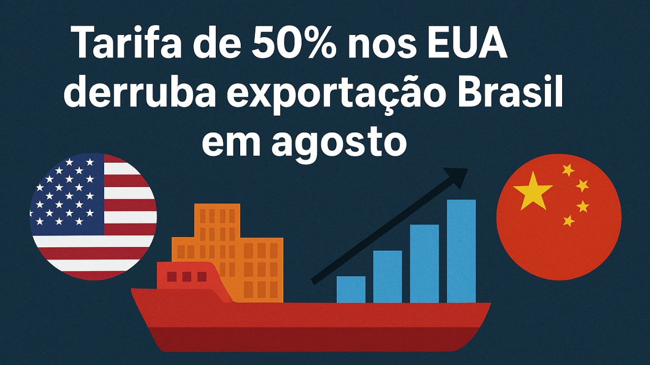 Com tarifa de 50% nos EUA, exportação Brasil cai 18% em agosto, enquanto vendas à China e México disparam, impulsionando a balança comercial.