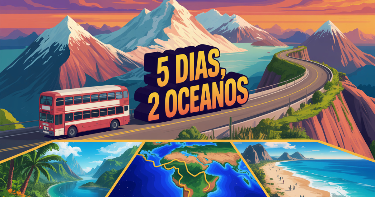 Viaje 6 200 km de Copacabana aos Andes em cinco dias de ônibus; recorde Guinness, paisagens amazônicas e andinas, passagem a partir de R$1 000. (Imagem: Reprodução/IA)