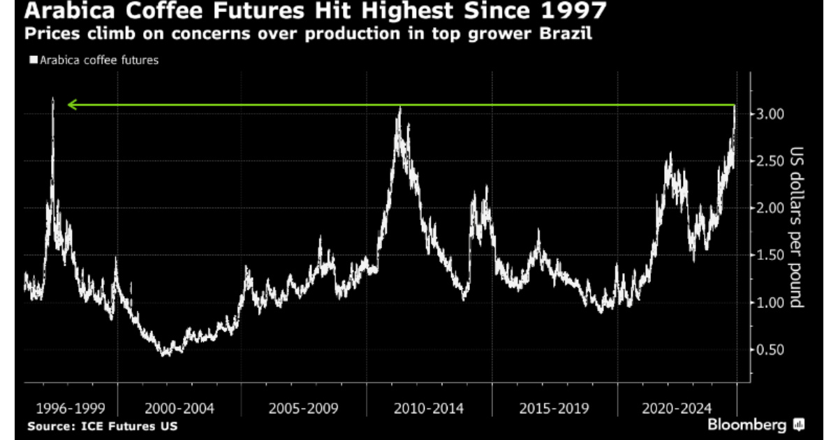 Gráfico de futuros de arábica rompe US$4,17/lb, mostrando cómo la tarifa del 50 % elevó el precio del café y alimentó la inflación alimentaria en EE.UU. (Imagen: Banyan Hill)