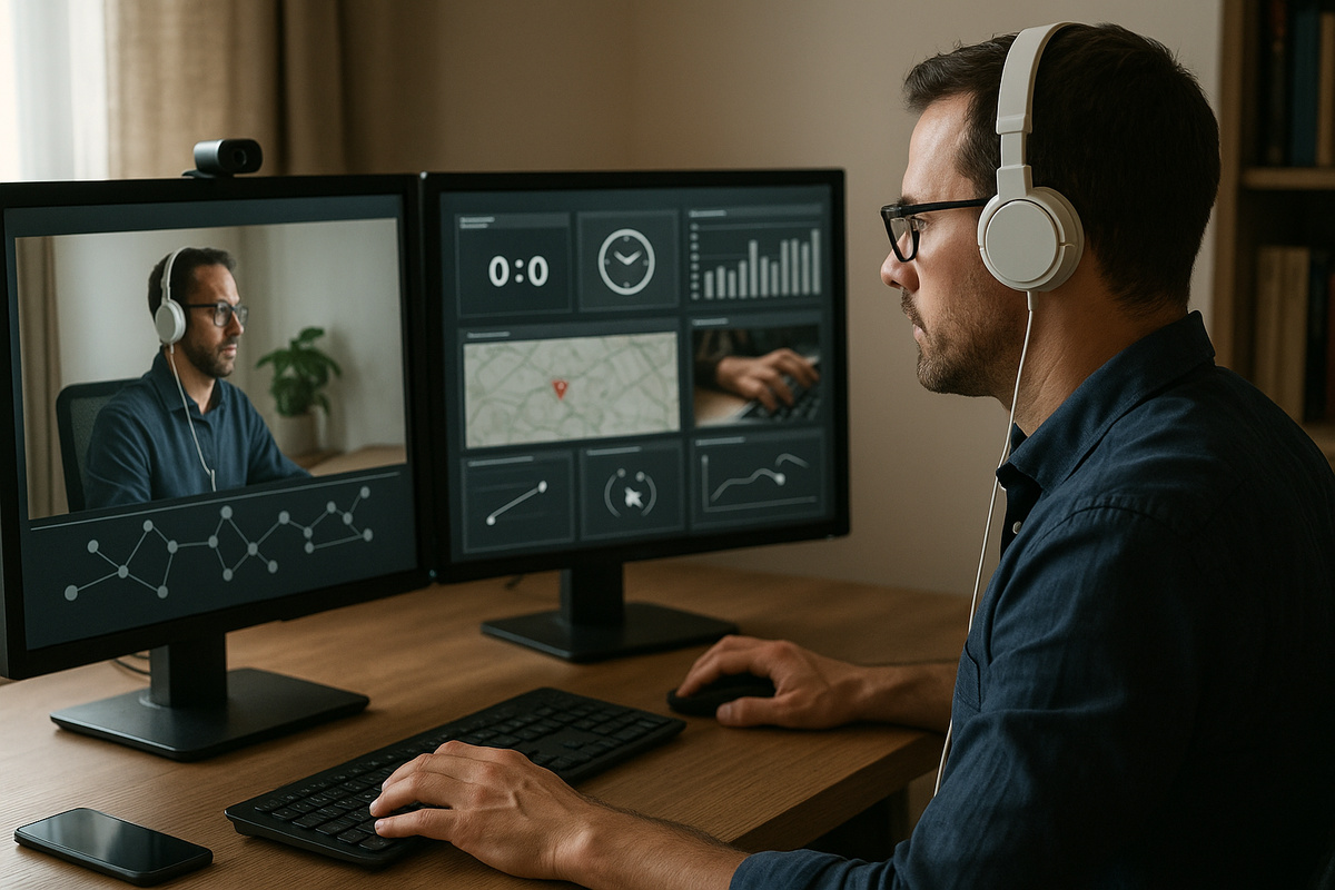 Funcionário em home office sendo monitorado por múltiplas telas com gráficos e vídeo chamada