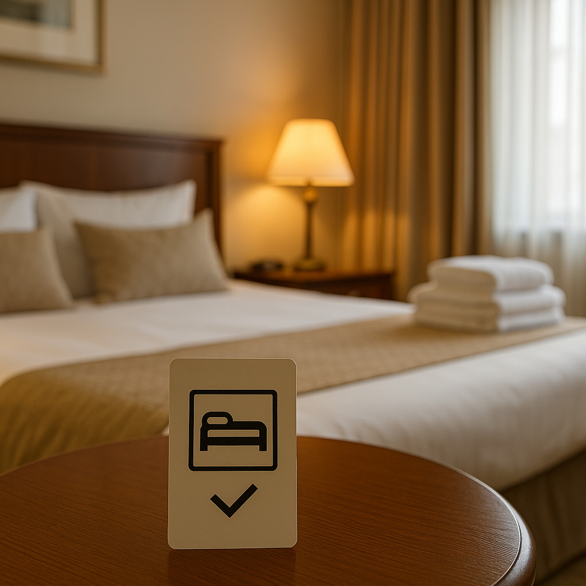Quarto de hotel arrumado com toalhas dobradas e ambiente limpo, representando as novas regras de diárias de 24 horas.