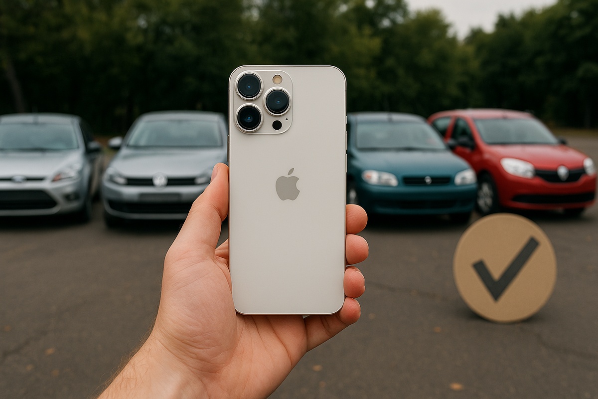 Mão humana segurando um iPhone 17 Pro Max em frente a carros usados, simbolizando a escolha entre tecnologia e mobilidade.