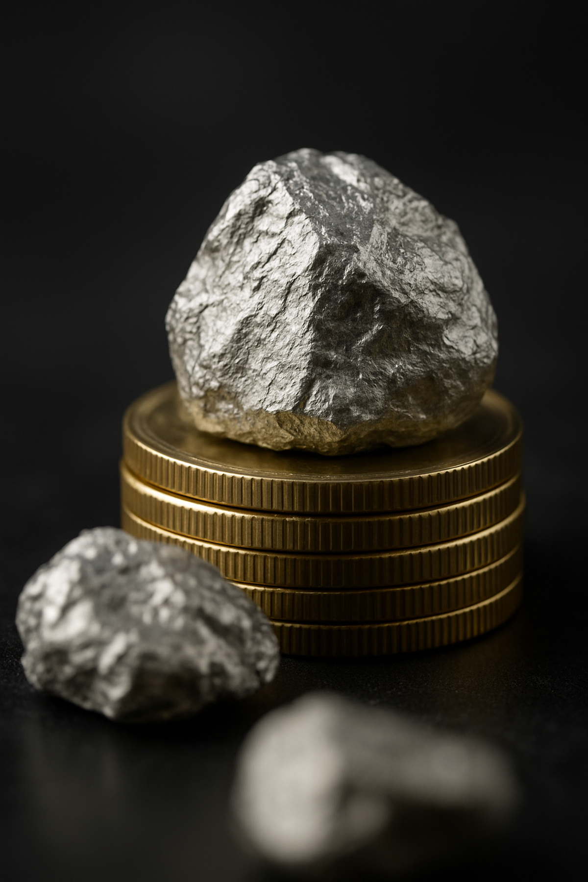 Nugget de ródio prateado em destaque sobre moedas douradas, simbolizando valor acima do ouro
