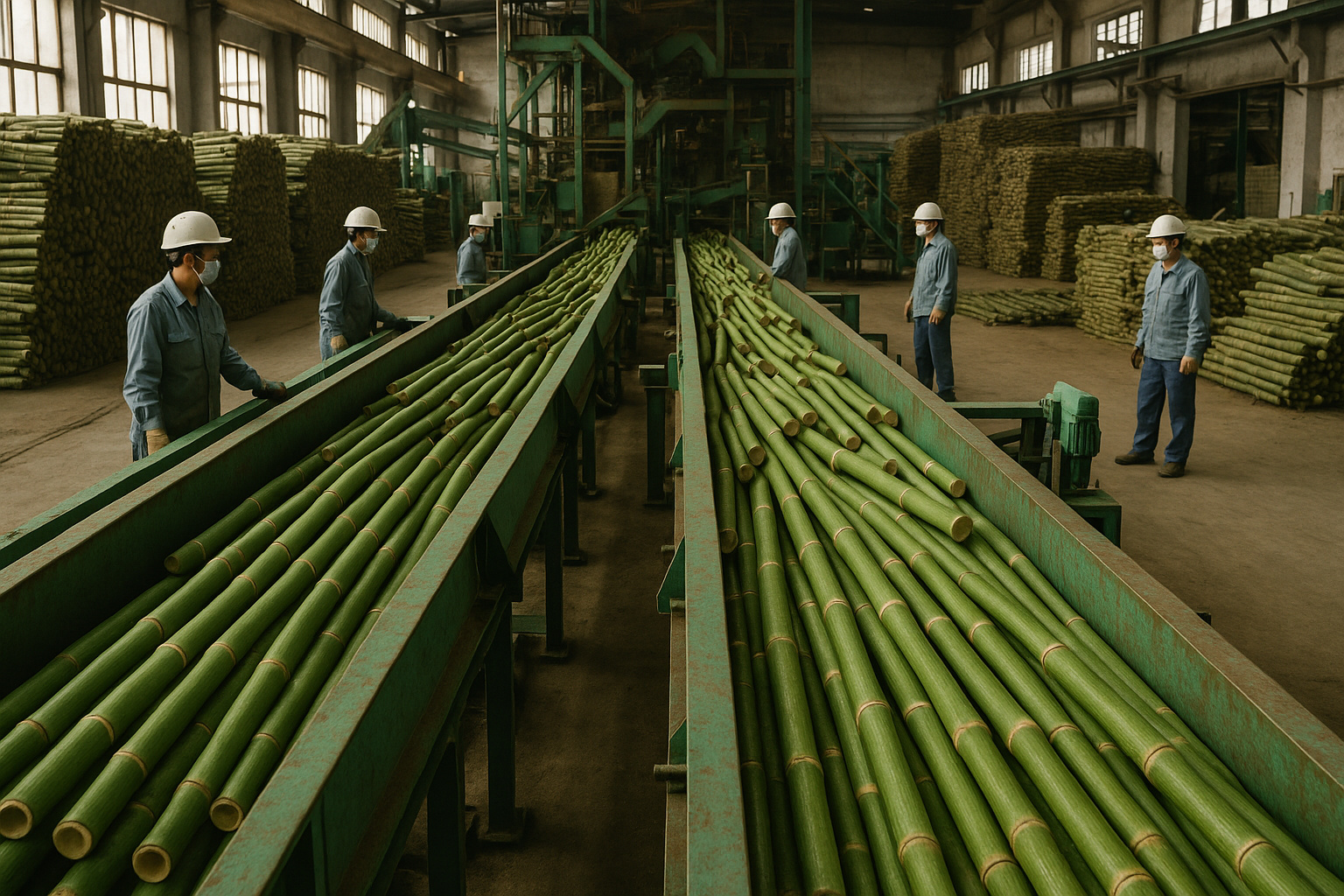 Linha de produção de bambu processando caules para produtos sustentáveis na China