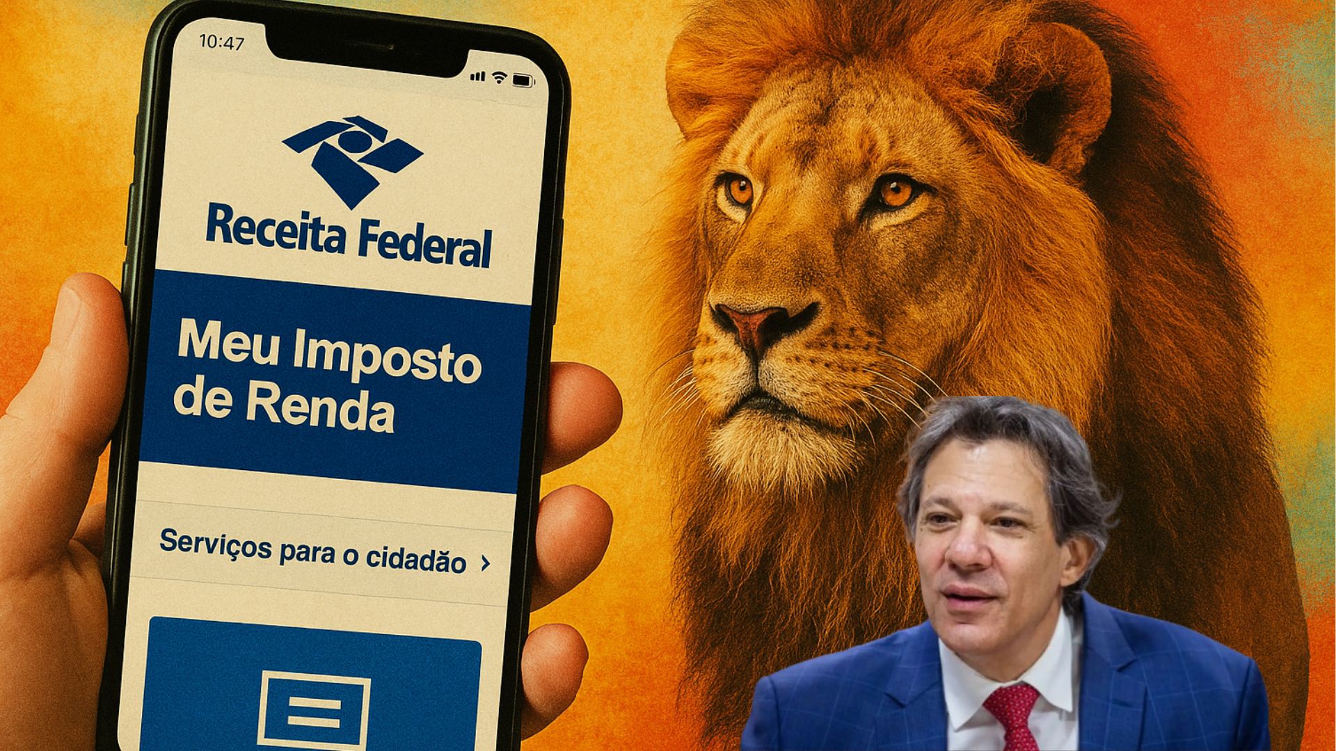 Celular com site da Receita Federal e leão simbolizando imposto de renda.