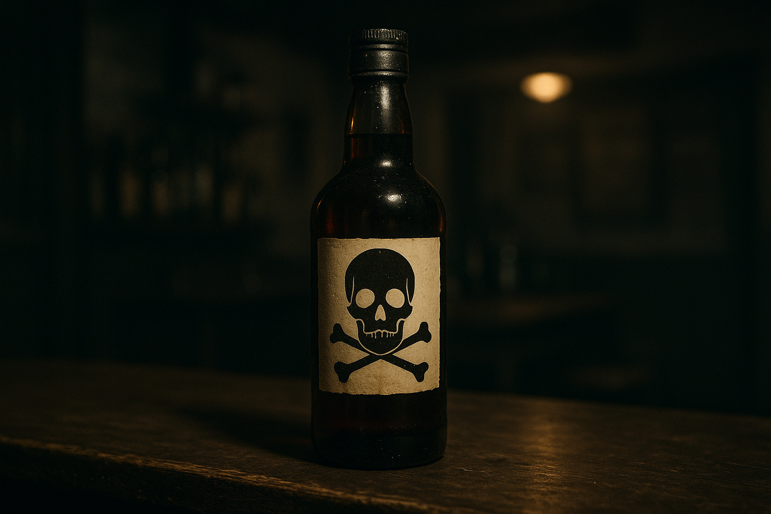 Garrafa de bebida adulterada em mesa de bar, representando o risco mortal do metanol em São Paulo.