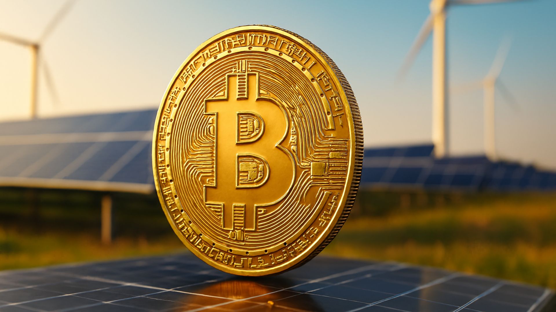Moeda de Bitcoin em destaque sobre campo com painéis solares e turbinas eólicas ao fundo, representando mineração de criptomoedas com energia renovável.