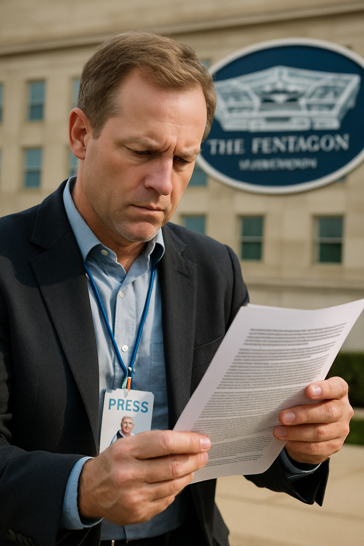 Jornalista em frente ao Pentágono revisando documentos, em referência à exigência de aprovação prévia de reportagens nos EUA.
