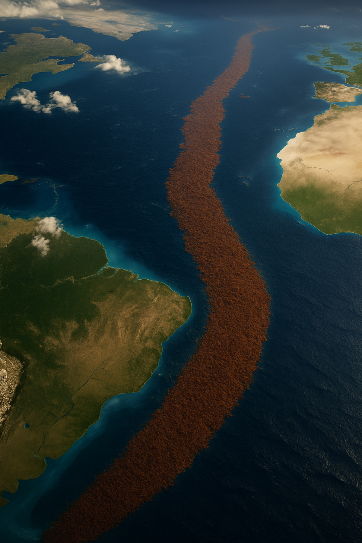 Faixa de sargaço vista do espaço atravessando o oceano Atlântico entre a África e a América, com mais de 8.800 km de extensão.