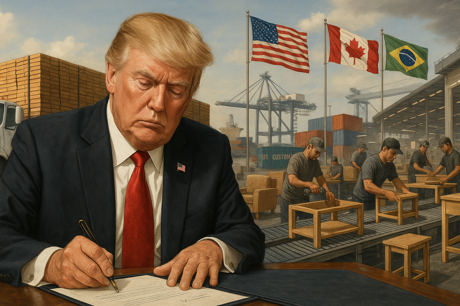 Fiscalização de contêiner com madeira e móveis nos EUA após tarifas anunciadas por Donald Trump.