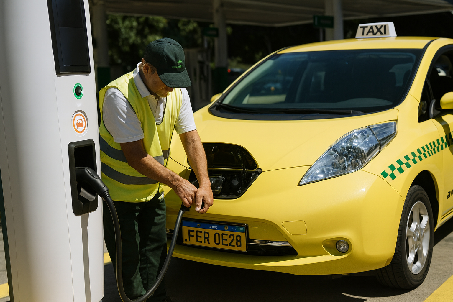 Táxi elétrico amarelo sendo carregado em estação de recarga por trabalhador uniformizado