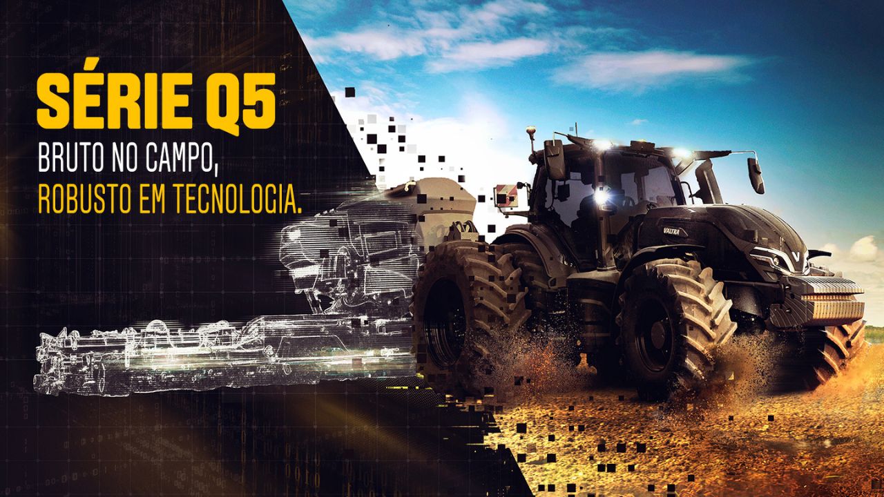 O trator Valtra Série Q5 traz motores de 265 a 305 cv, transmissão CVT e recursos inteligentes para elevar produtividade e eficiência no campo.