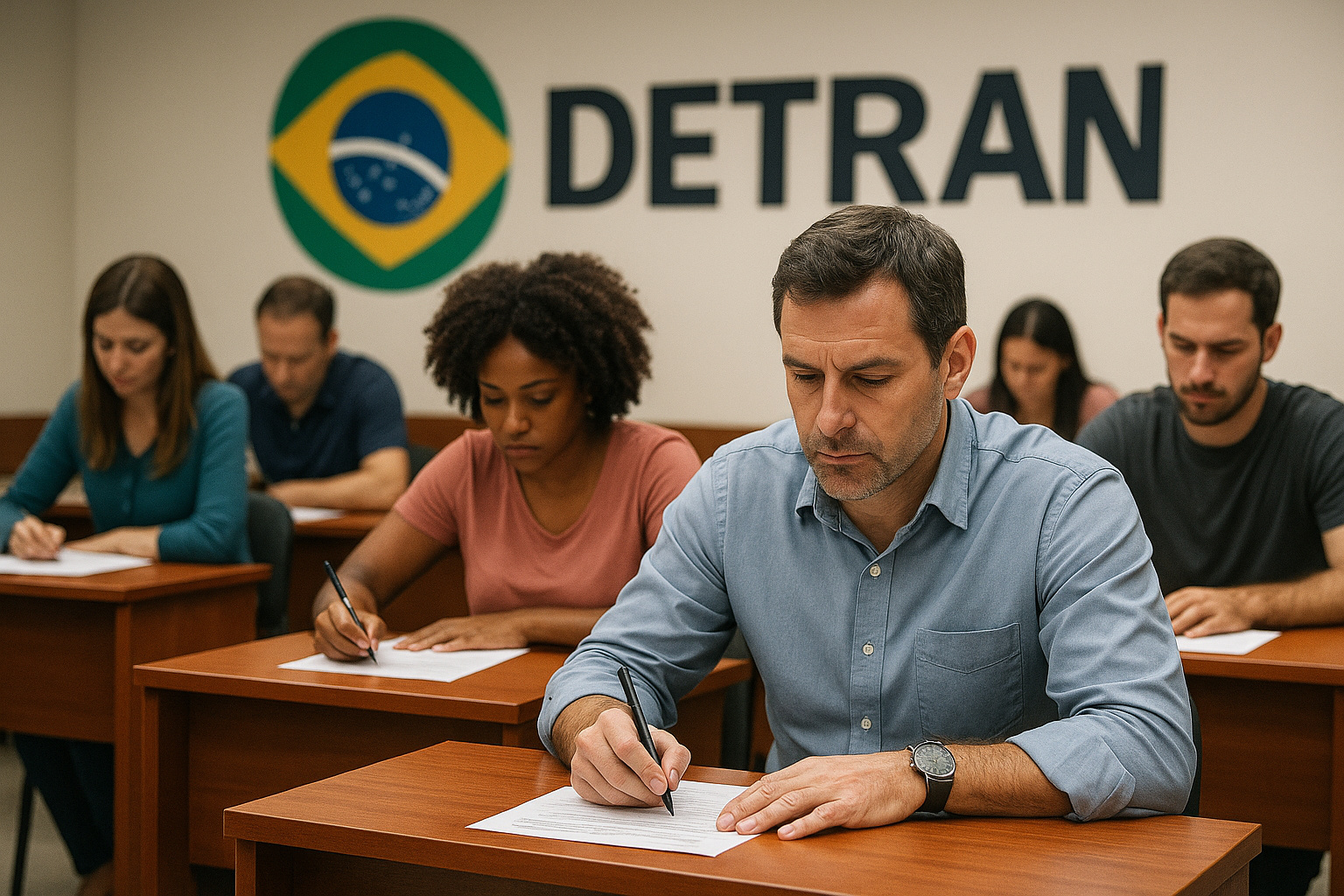 Candidatos realizam prova do concurso público do Detran 2025 em sala de exame, simbolizando as 800 vagas abertas com salários de até R$ 12 mil.