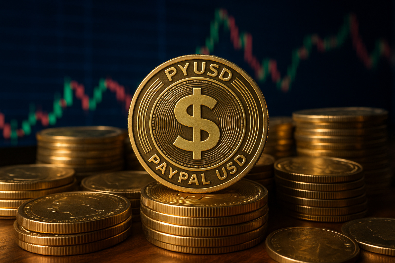 Moeda digital PYUSD da PayPal em destaque sobre pilhas de dólares, simbolizando a emissão acidental de US$ 300 trilhões e o impacto global no mercado de criptomoedas.