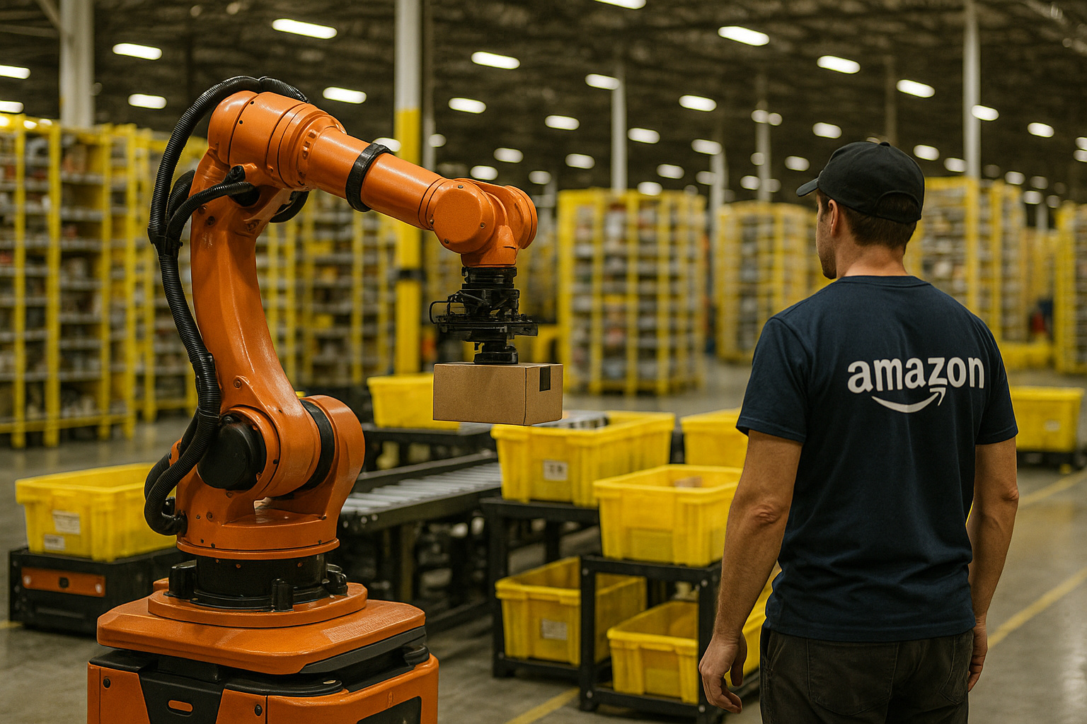 Robô industrial da Amazon movimentando caixas em armazém automatizado com trabalhador observando ao fundo