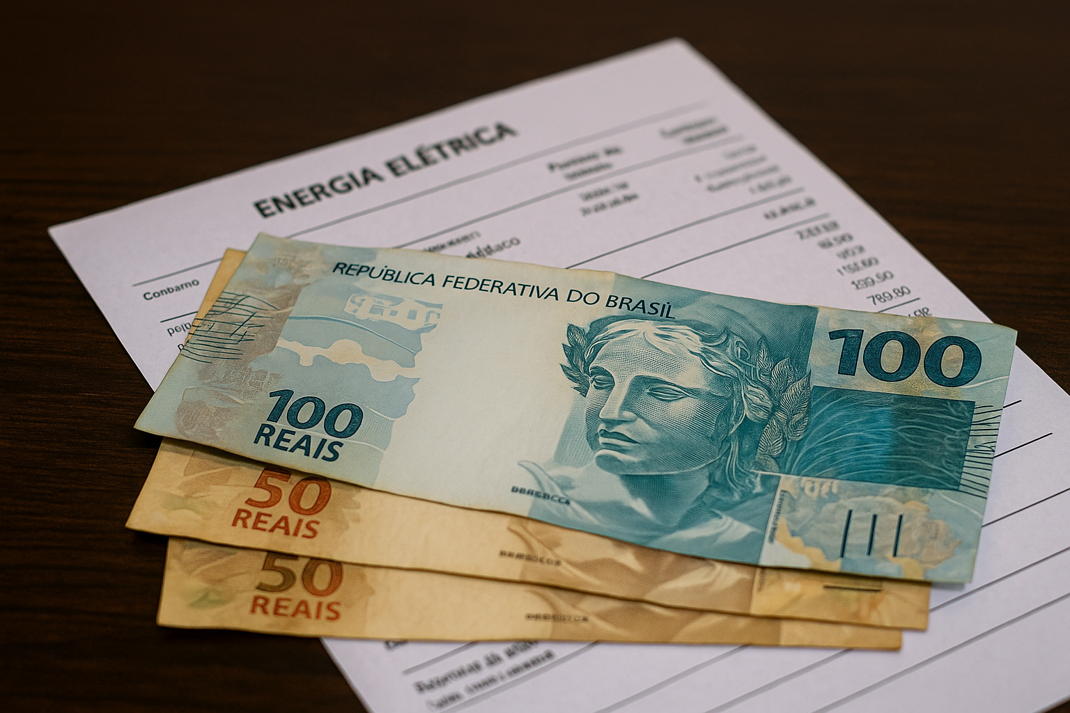 Cédulas de reais sobre uma conta de luz simbolizando a compensação automática criada pela Aneel para consumidores afetados por apagões.