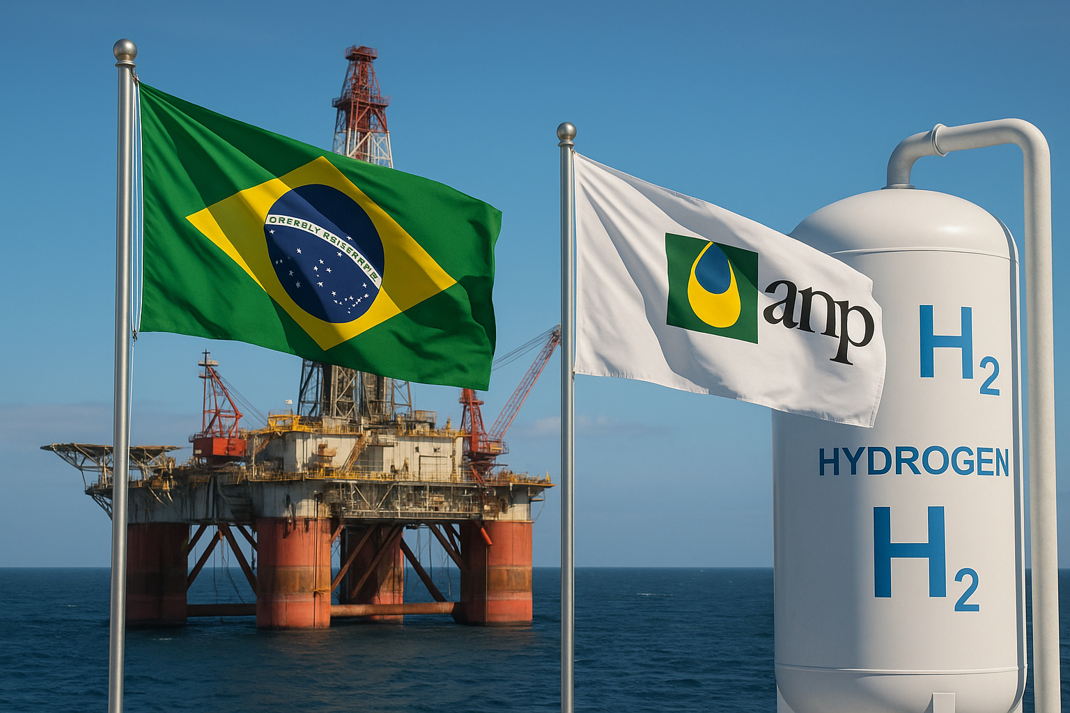 Plataforma de petróleo da ANP com bandeira do Brasil e tanque de hidrogênio, simbolizando a expansão energética e a transição para novas fontes no país