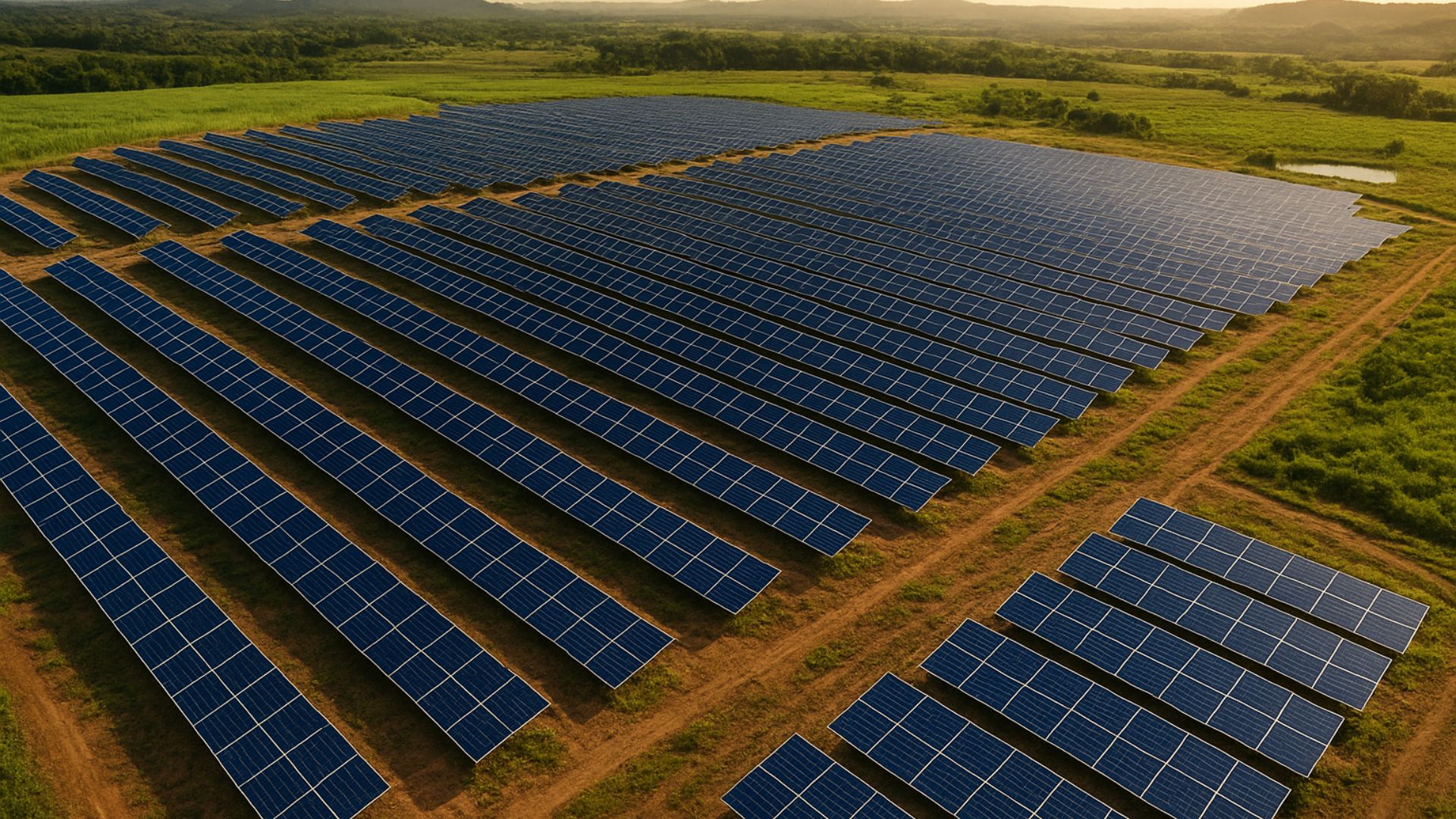 Aérea de uma usina solar com fileiras de painéis fotovoltaicos em paisagem rural sob céu parcialmente nublado ao entardecer.