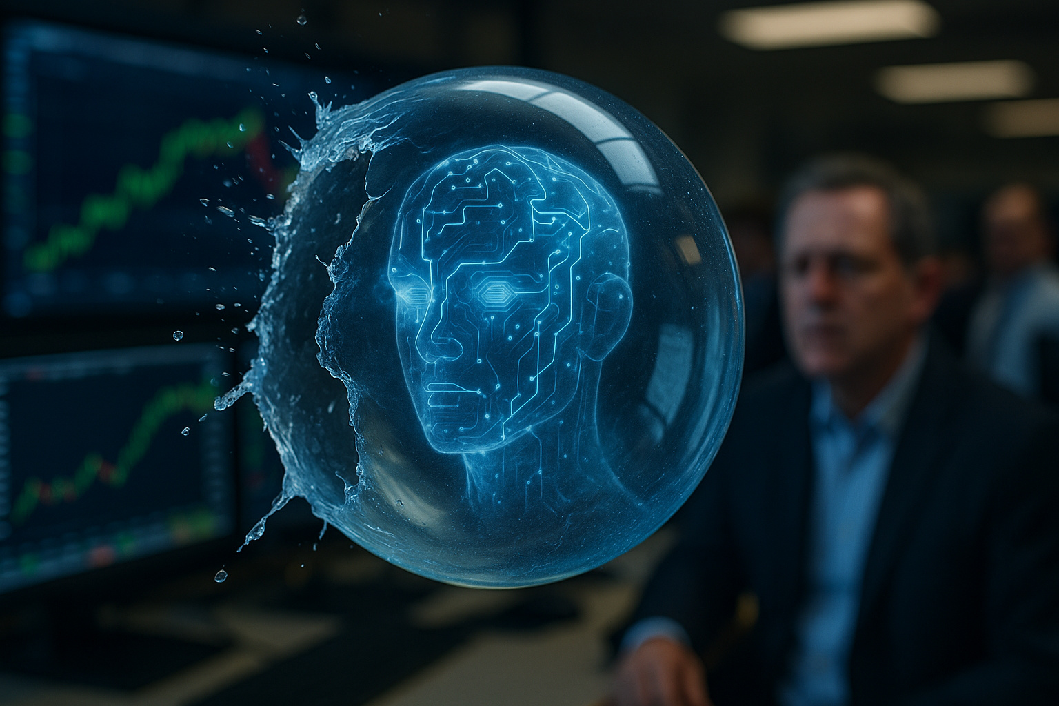 Bolha azul de inteligência artificial prestes a estourar em ambiente financeiro, simbolizando megamodelos frágeis e ascensão dos modelos enxutos e sustentáveis