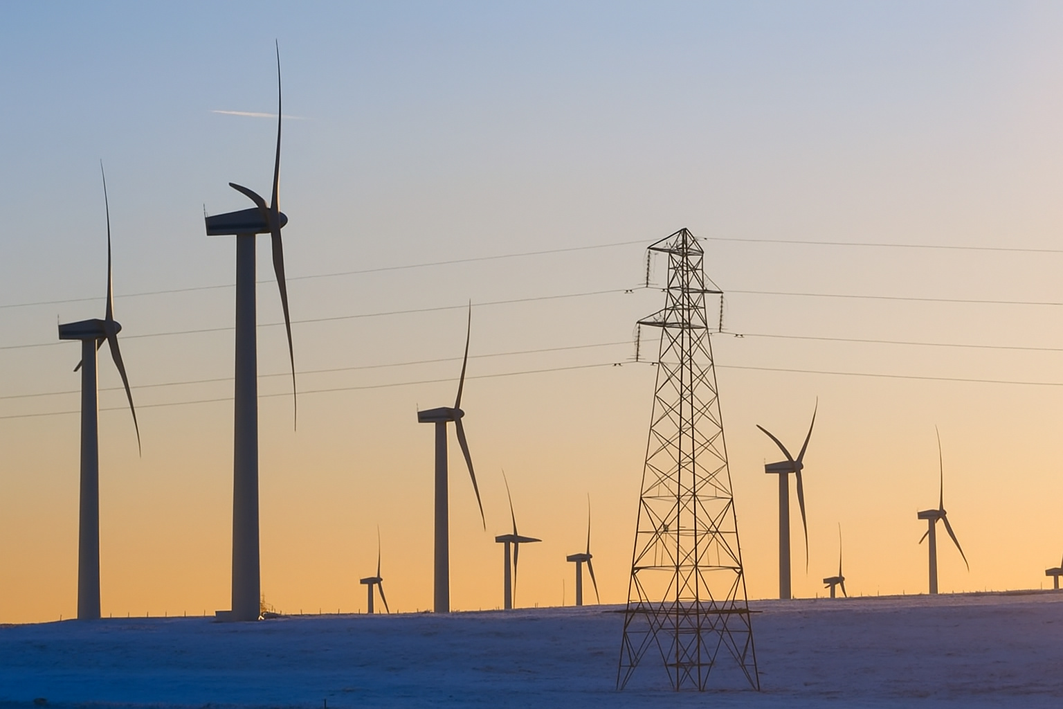 Torres eólicas e estrutura de transmissão elétrica ao amanhecer com o céu em tons de azul e dourado.