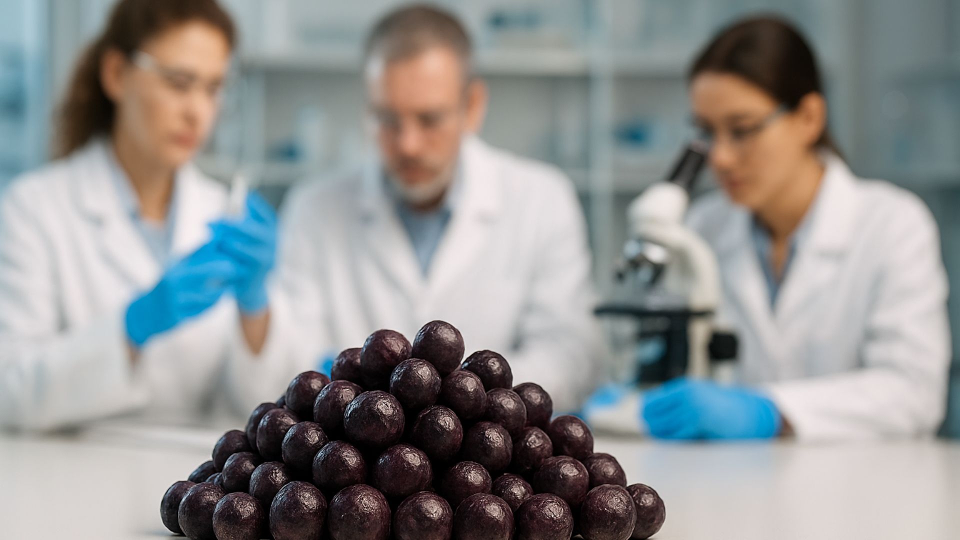 Cientistas em laboratório desfocado ao fundo, com um monte de açaí em destaque sobre uma mesa branca no primeiro plano.