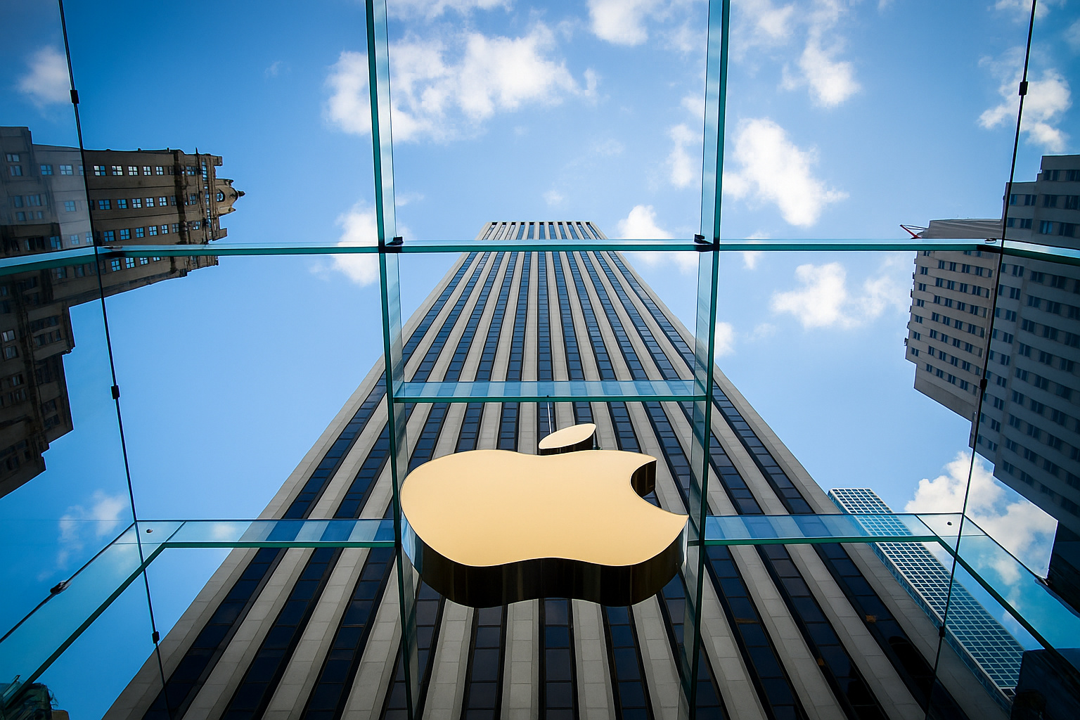 Fachada envidraçada da loja da Apple com o logotipo da empresa e céu parcialmente nublado ao fundo.